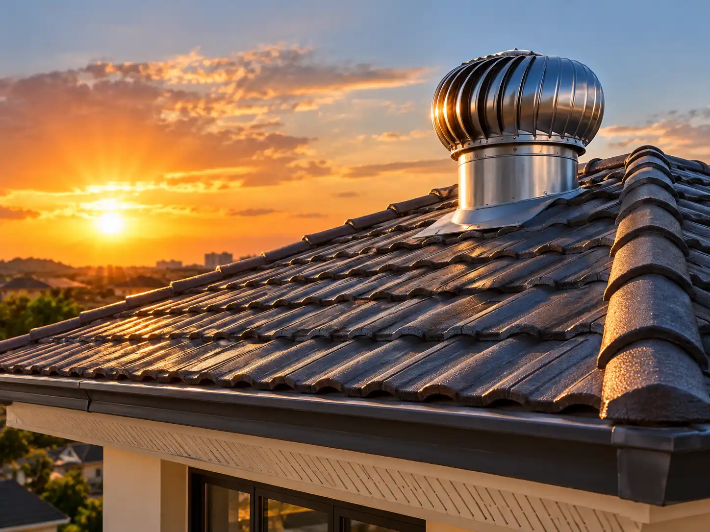 Roof ventilator on a tiled roof at sunset
